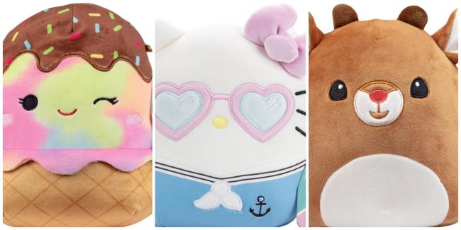 A triple-split image of three Squishmallows. On the left, Gladys the Ice Cream Cone. In the middle, a sailor outfit of Hello Kitty. On the right, Rudolph the Red-Nosed Reindeer.