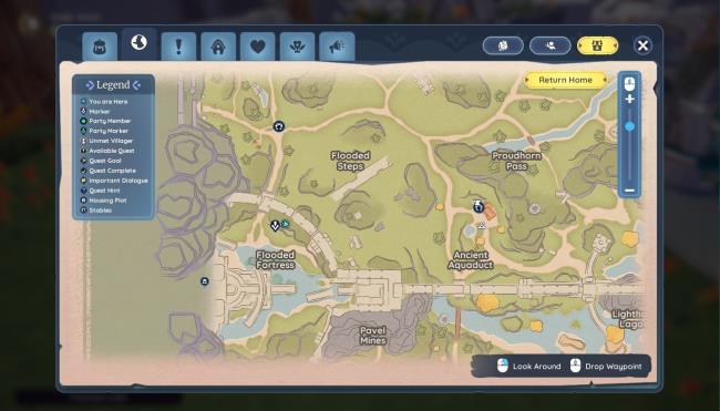 Bahari Bay map with a waypoint near the entrance to Flooded Fortress in Palia. 