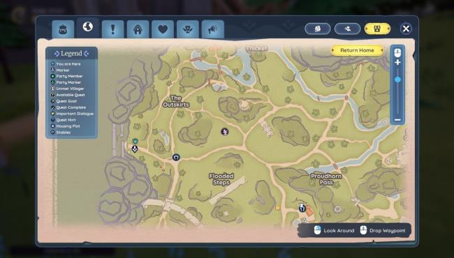 Bahari Bay map with a waypoint near un-interactable doorway west of the Outskirts in Palia. 