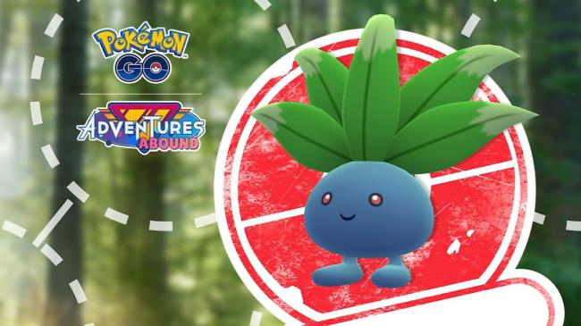 Oddish from Pokemon with a red Poke Ball stamp behind it and the Pokemon Go logo in the corner