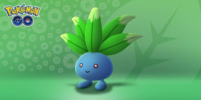 Oddish from Pokemon with a green background with the Grass-type symbol