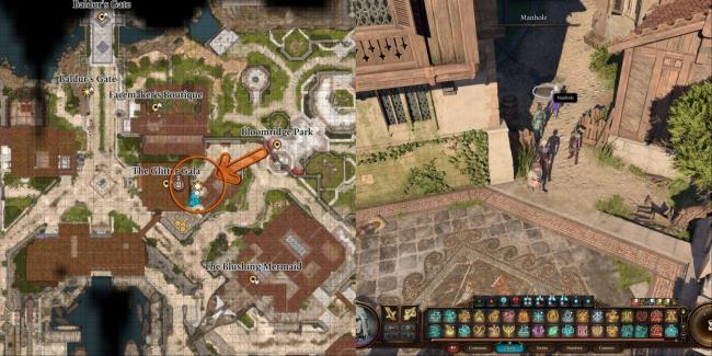 Split Image Of Map And In Game Location Of Manhole Behind Glitter Gala Store In Baldur's Gate 3