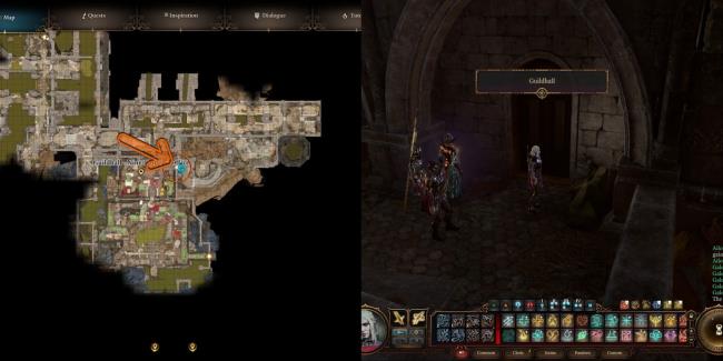 Split Image Map And In Game Location Of No Entry No Exit Door At Guildhall Bar In Baldur's Gate 3