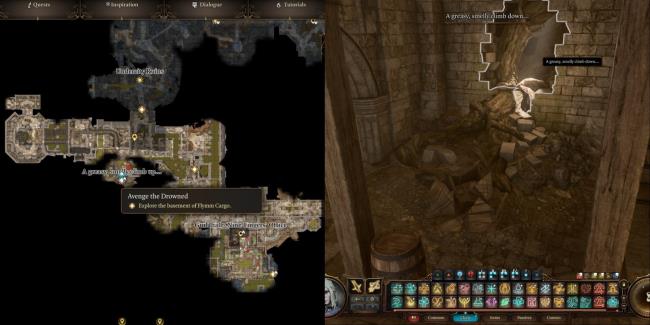 Split Image Of Map And In Game Location Of Hatch To Sewers From Emperor's Shield Hideout In Baldur's Gate 3