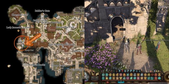 Split Image Of Map And In Game Location Of Keep Out Door To Ancient Cistern At Lady Jannath Estate IN Baldur's Gate 3