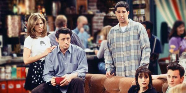 Friends Jennifer Aniston as Rachel, Matt LeBlanc as Joey, David Schwimmer as Ross, Courtney Cox as Monica, and Matthew Perry as Chandler at Central Perk