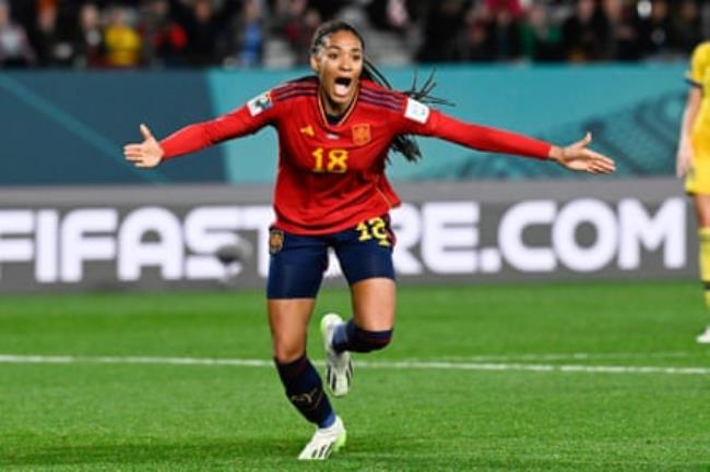 Spain’s Salma Paralluelo celebrates after scoring her team’s first goal in the semi-final against Sweden
