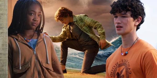 Percy kneeling on the beach between Annabeth and Luke in Percy Jackson and the Olympians