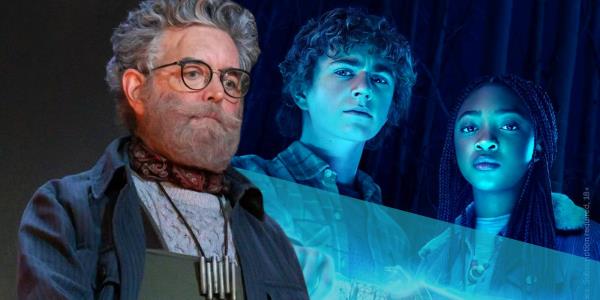 Hephaestus from Percy Jackson and the Olympians next to Percy and Annabeth in the official poster for the show