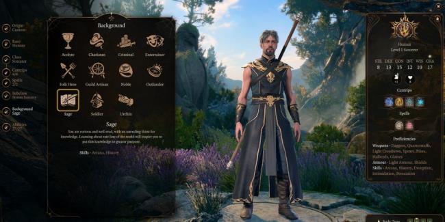 the backgrounds section of character creation with a human sorcerer in baldur's gate 3