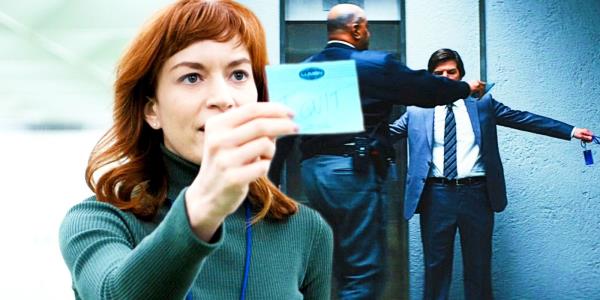 Severance Helly holding a quit code in front of Adam Scott with his arms out